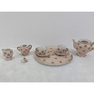 Vintage Occupied Japan Miniature Porcelain Tea‎ Set Tray Teapot Cups Gold Trim
